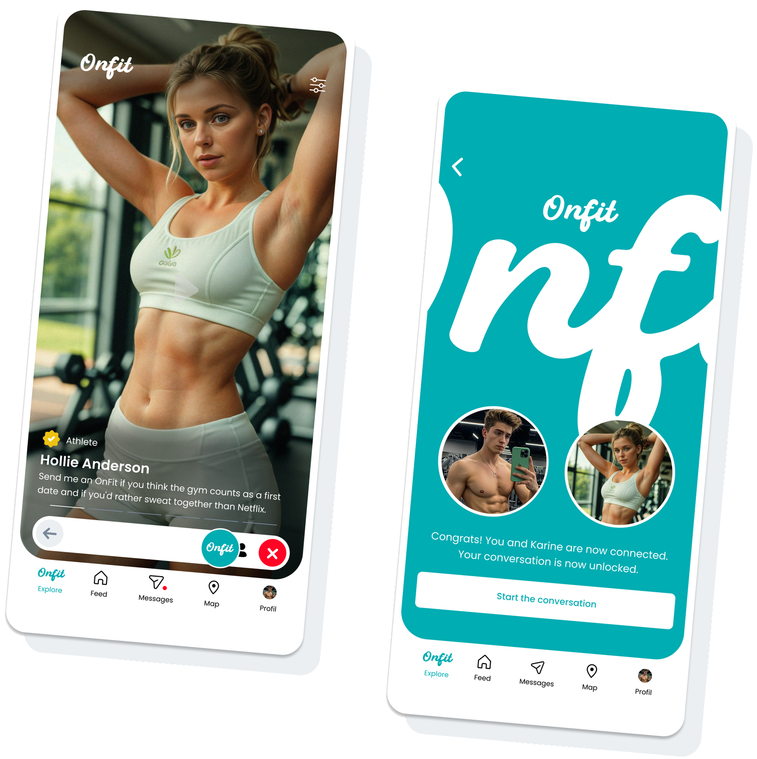 Aperçu de l'application OnFit : profil athlète et écran de match